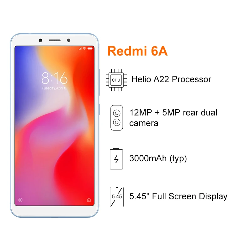 Глобальная версия Xiaomi Redmi 6A 2 ГБ 32 смартфон 5 45 &quot18:9 полный экран MTK Helio A22
