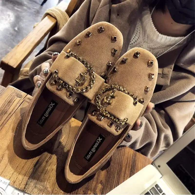 Luxury Brand Suede Women Flats Metal Buckle Flat Shoes Women Slip On Loafers Ballet Flats Square Toe Black Ladies Casual Shoes