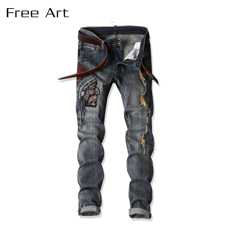 Cotton Embroidery Straight Men Jeans Trousers Slim Appliques Stonewashed Zipper Fly Full Length Fear Of God Mens Biker Fashion 