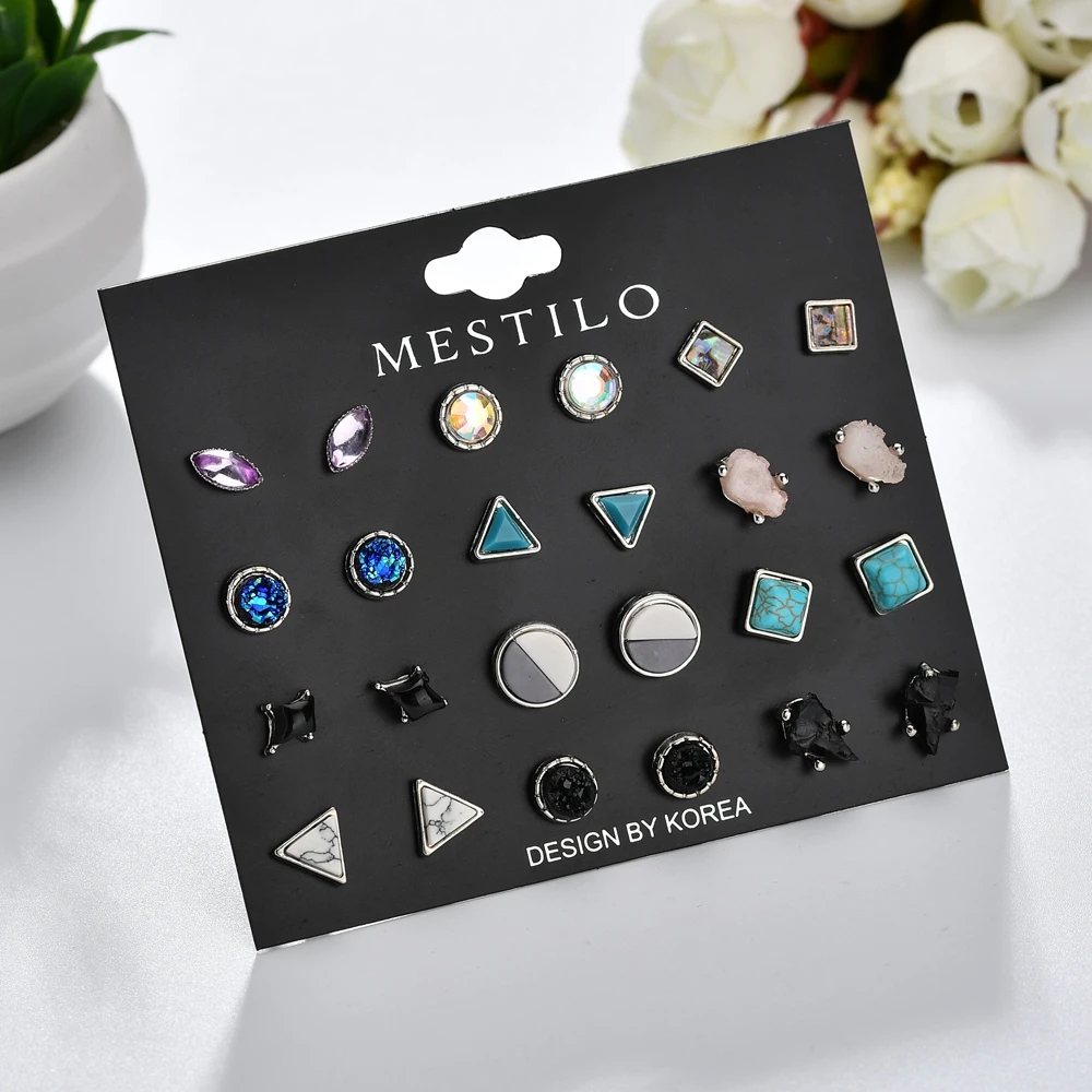 MESTILO 12 пар/компл. сережки с натуральным камнем наборы для Для женщин леди окружающую среду Геометрические Квадратные Треугольники в богемном стиле комплект наушников Лидер продаж