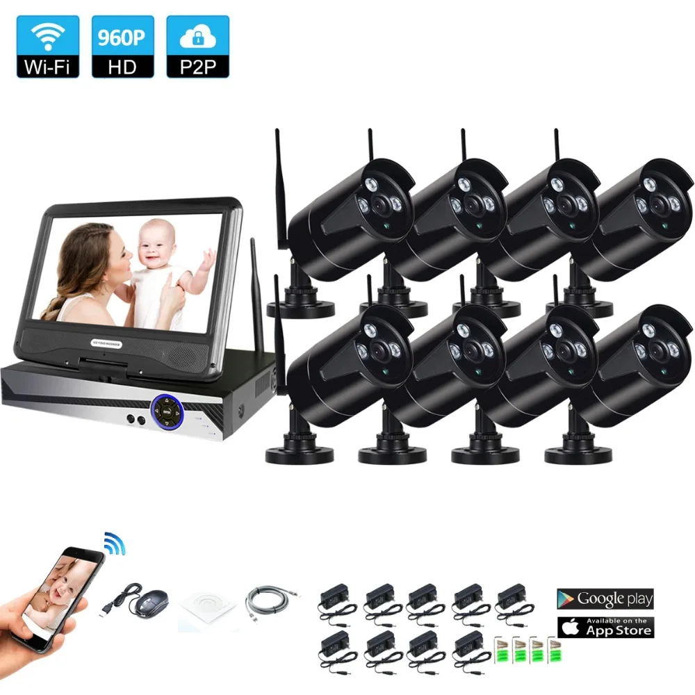 

Wireless Surveillance System Network 10.1" LCD Monitor NVR Recorder Wifi Kit 8CH 960P HD Video Inputs 1.3MP Security Camera
