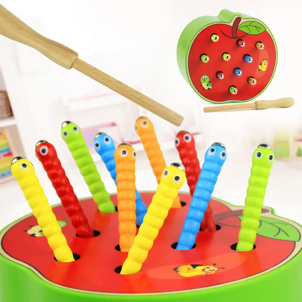Детские игры «ловли червей», Детские Обучающие деревянные блоки, яблоко клубника, Магнитные деревянные игрушки для детей, Ранняя игрушка дл...