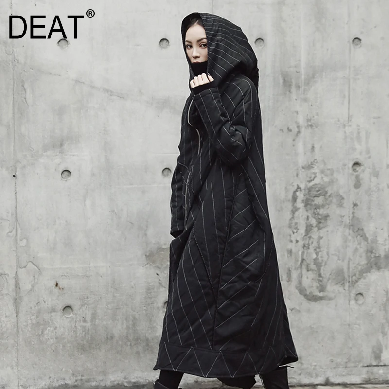

[DEAT] 2019 New Spring Hooded Long Sleeve Black Line Striped Split Joint Big Size Cotton-padded Coat Women Parkas Fashion JR50