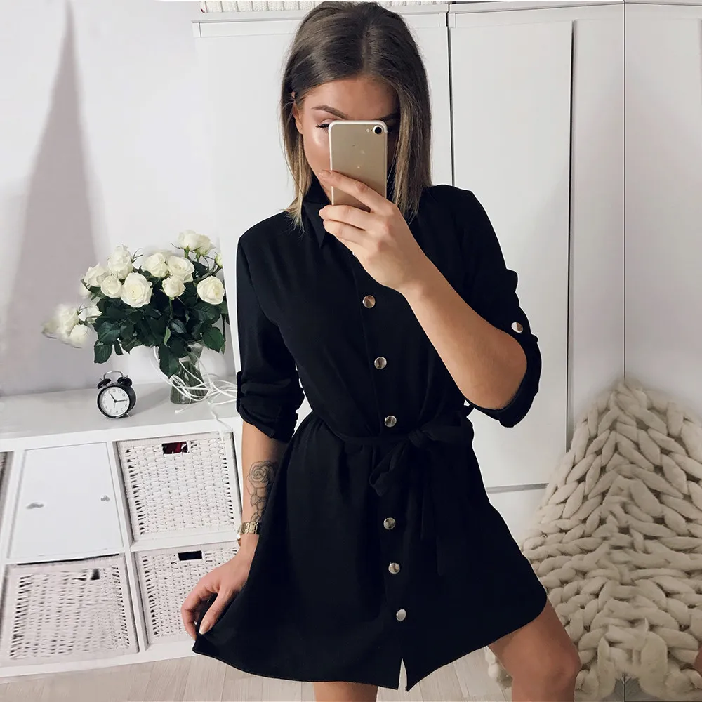 

Cotton dress women 2019 Summer Fashion 3/4 Sleeve Black Button Loose dress Female Fashion Short Mini Dress with Belt vestidos