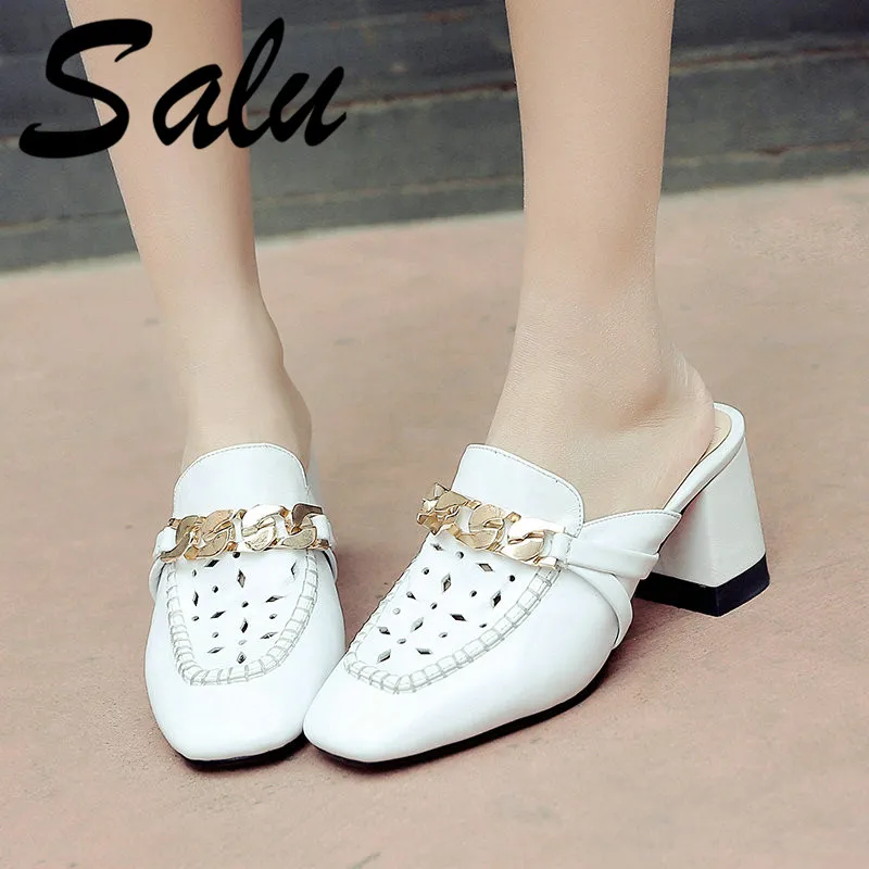 

Salu Sandals Women New Arrival Women Square Heels Square Toe Woman Rome Style Mules Shoes Genuine Leather