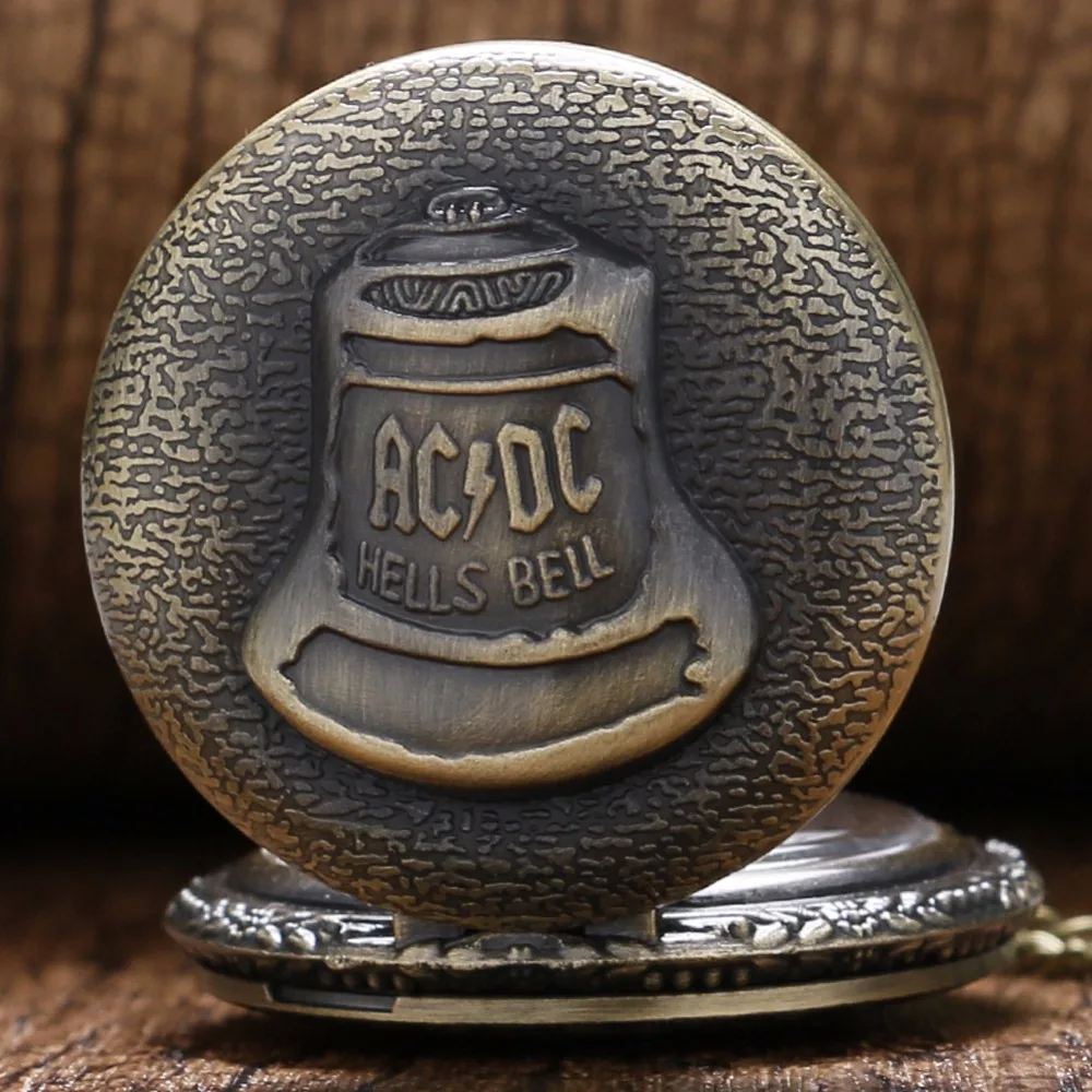 

ACDC Hells Bell Pocket Watch Retro Bronze Necklace Pendant Vintage Clock with Fob Necklace Chain Gifts for Men Women Children
