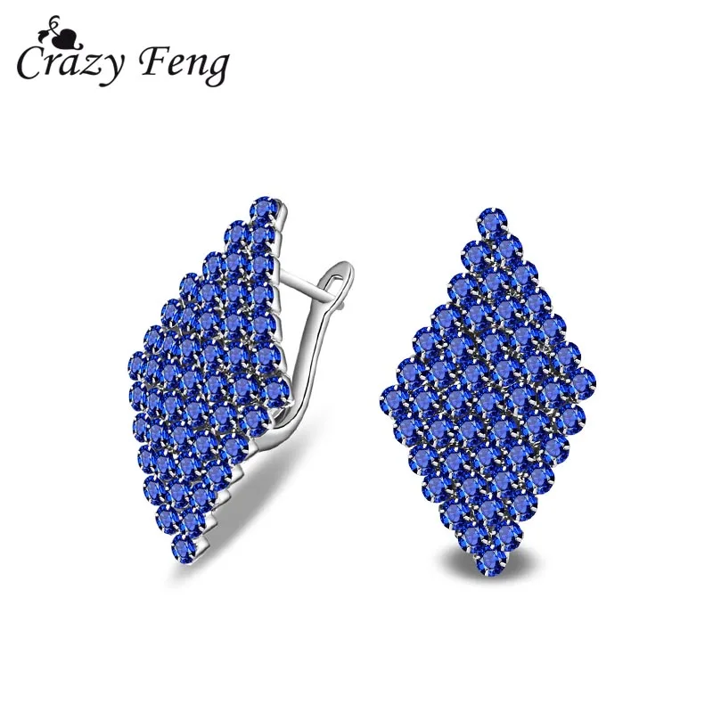 

New Arrival Fashion Crystal Stud Earrings For Women Blue/White Crystal Rhombus Square Shape Earrings Silver Color Jewelry Gift