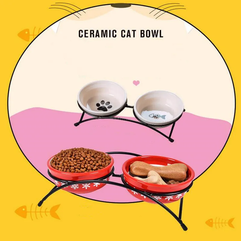

Double Ceramics Dog Cat Bowl Puppy Pet Fish Paw Santa Print Food Dish Non Slip Food Water Dual-use Feeding Dish Pet Supplies