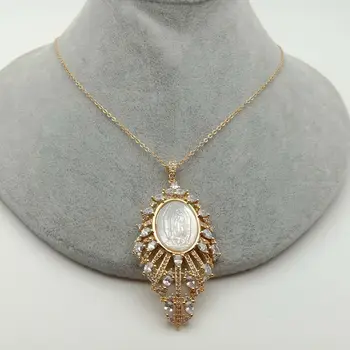 

Virgin Mary Pendant necklace with mother Of pearl Cz pave Necklace