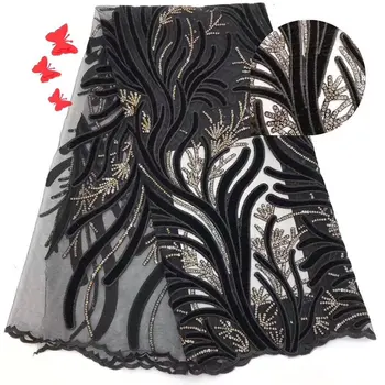 

Black Color new design French Velvet Lace Fabric with Sequins 2019 Embroidered Nigerian French tulle Velvet Lace Fabric