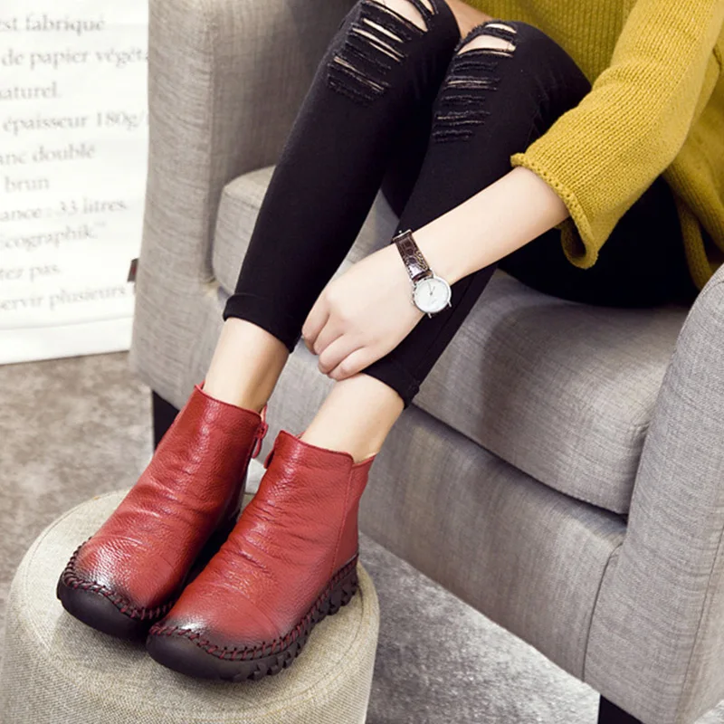 

Ankle Boots For Women Autumn Flat Platform Casual Shoes Woman Zipper Anti Skid Genuine Leather 2018 Red Footwear For Female