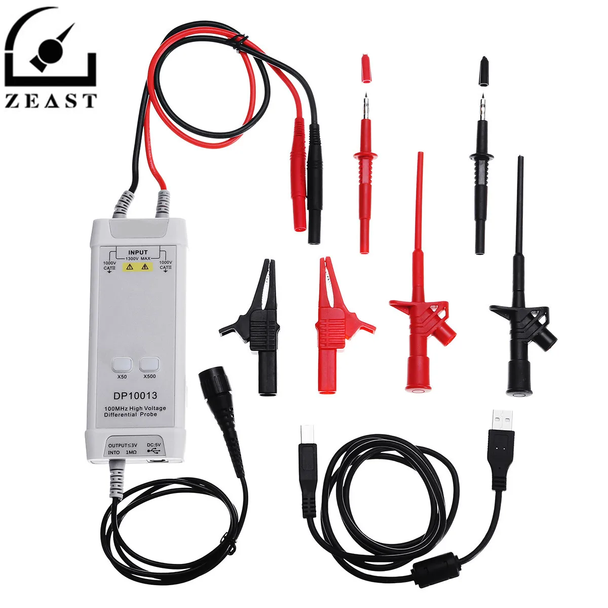

DP10013 100MHz 3.5ns Rise Time 50X/500X Attenuation Rate Oscilloscope High Voltage Differential Probe Kit 1300V