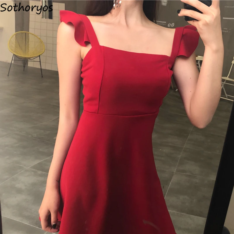 

Dress Women Elegant Solid High Waist Trendy Korean Style Square Collar Ruffles Womens Summer Chic Sleeveless Female Leisure Girl