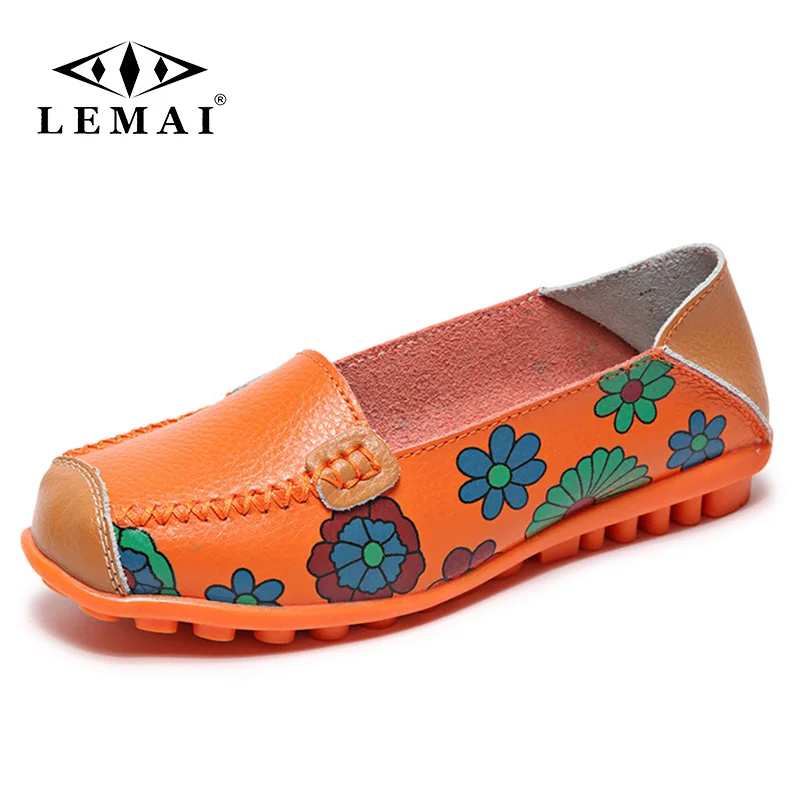 

LEMAI Women Casual Genuine Leather Boat Comfortable Soft Gommino Flat Ventilation Fashion Printing Flat Slip On Shoes Loafers