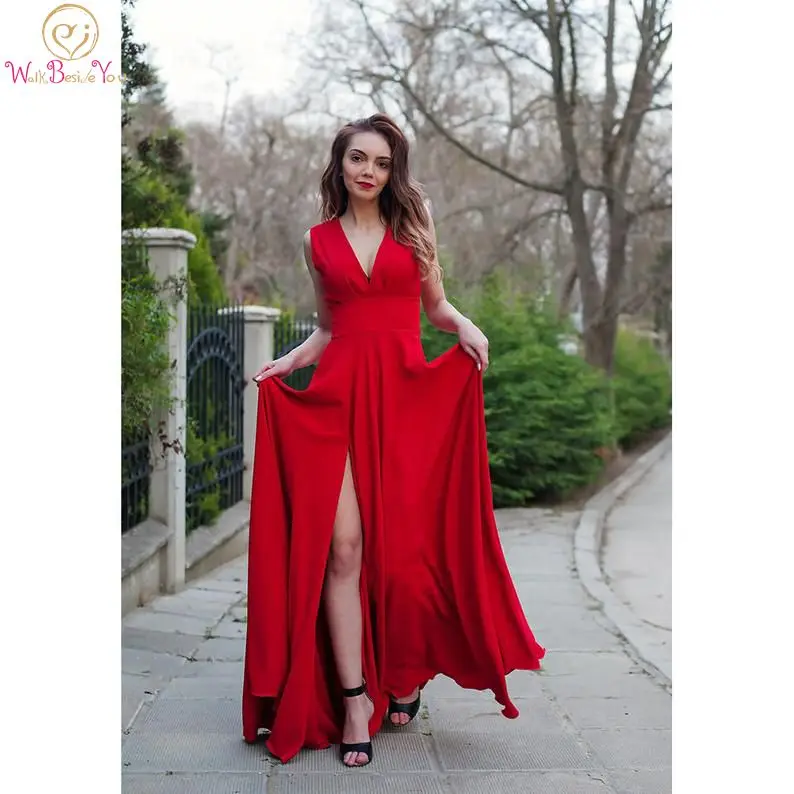 

Red Elegant Deep V Neck Evening Dresses Simple Long Empire A Line Satin Sweep Train Women Party Formal Plus Size Sleeveless Gown