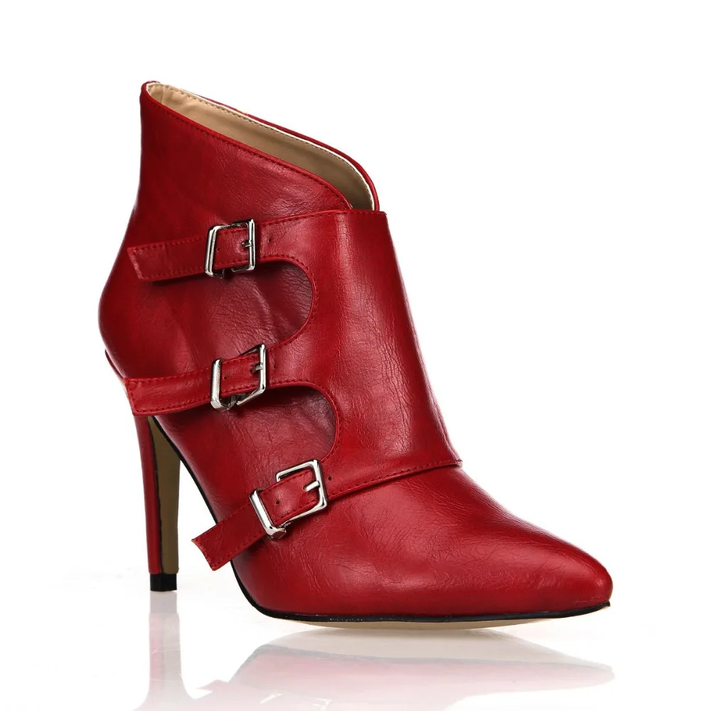 

Hot 2018 Leather Short Boots For Autumn Sexy High Heels Ankle Boots Women Sapatos Femininos Woman Buckle Pointed Toe Dress Shoes