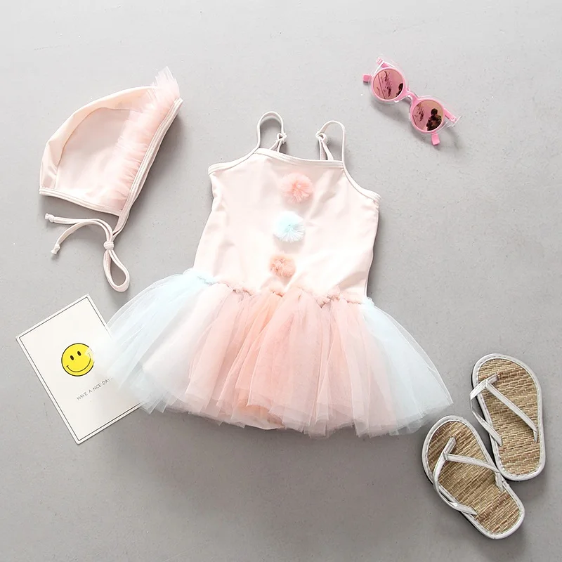 Детский купальный костюм Одежда для купания розовый детский купальный костюм с кружевом для девочек детское бикини, цельное купальное платье без рукавов с шапочкой, пляжная одежда - Цвет: 88055
