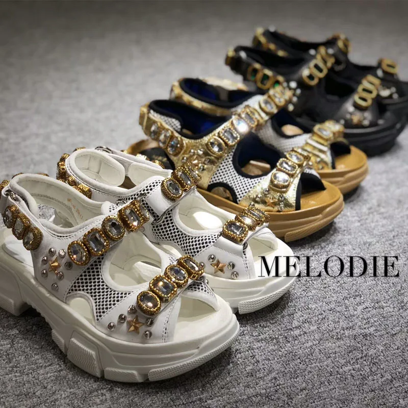 

MELODIE 2019 Summer New Style Genuine Leather Crystal Platform Shoes Women Hook & Loop Women Shoes Platform Sandals MCJ445