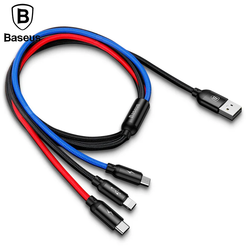 Baseus 3 в 1 USB кабель для мобильного телефона с разъемом Micro usb type C зарядки iPhone