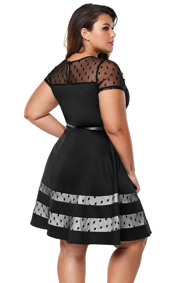 Black-Dotted-Mesh-Insert-Flare-Plus-Size-Dress-with-Belt-LC61970-2-4