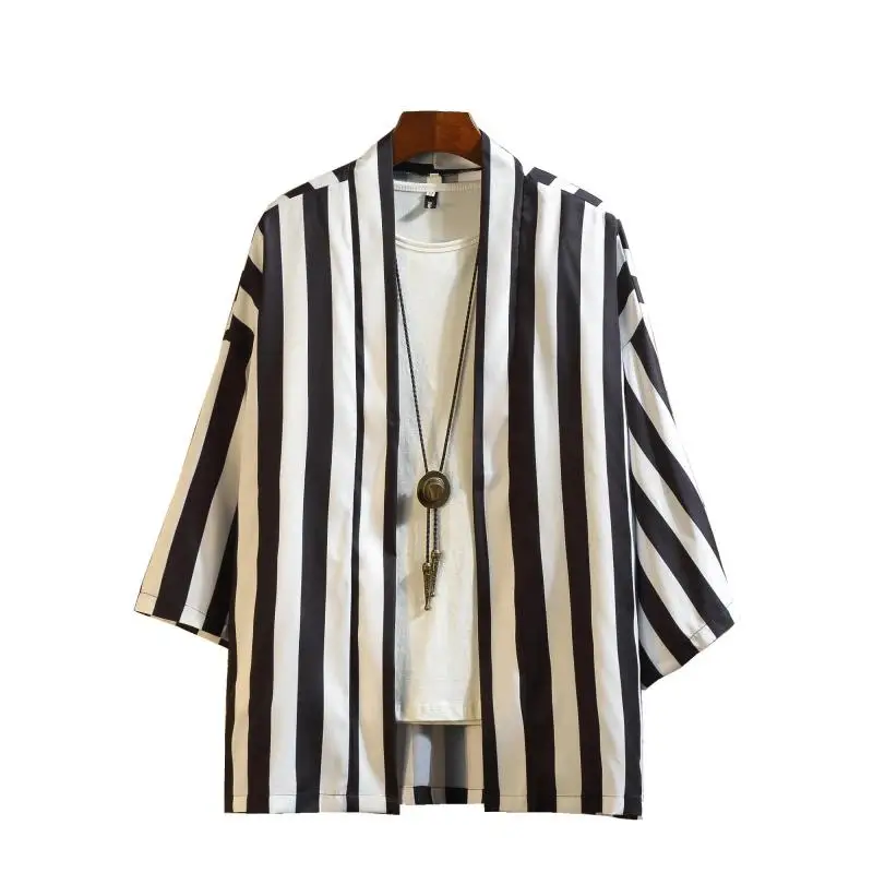 Японская уличная 3/4 рукав повседневные мужские рубашки плюс размер мужские кимоно рубашка легкий вес летний кардиган полосатая офисная рубашка