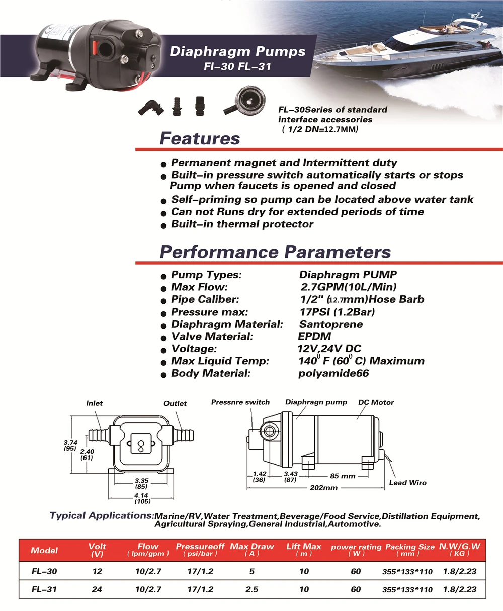 DC 12 В/24 В 60 Вт 17PSI/1.2Bar лифт 10 м электрический мембранный насос низкого давления орошения моторного дома/RV/Touring автомобиля водоснабжения FL-30