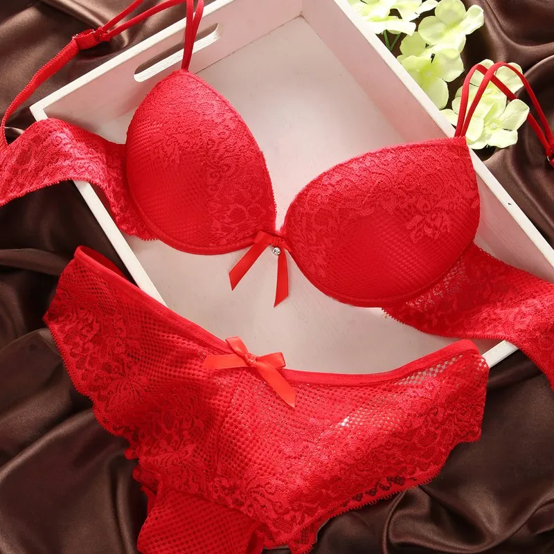 

Drop Shipping Lady Bras Ladies Red Sexy Bow Cozy Thin Underwire Padded Push Up Lace Bra + Panties Sets