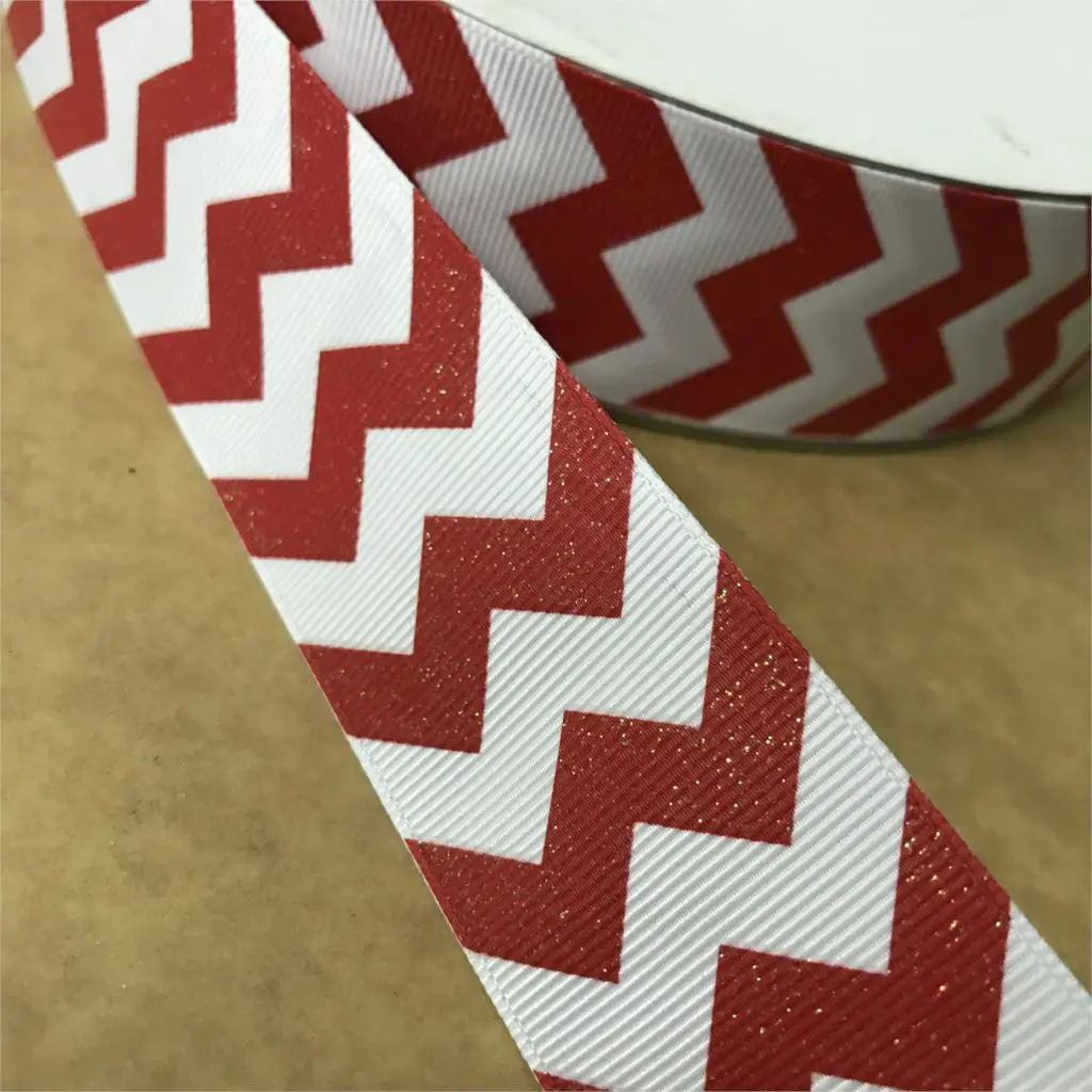Crazy Discount 100Yds 1 1/2" 38mm Red Glitter Chevron Printed Grosgrain