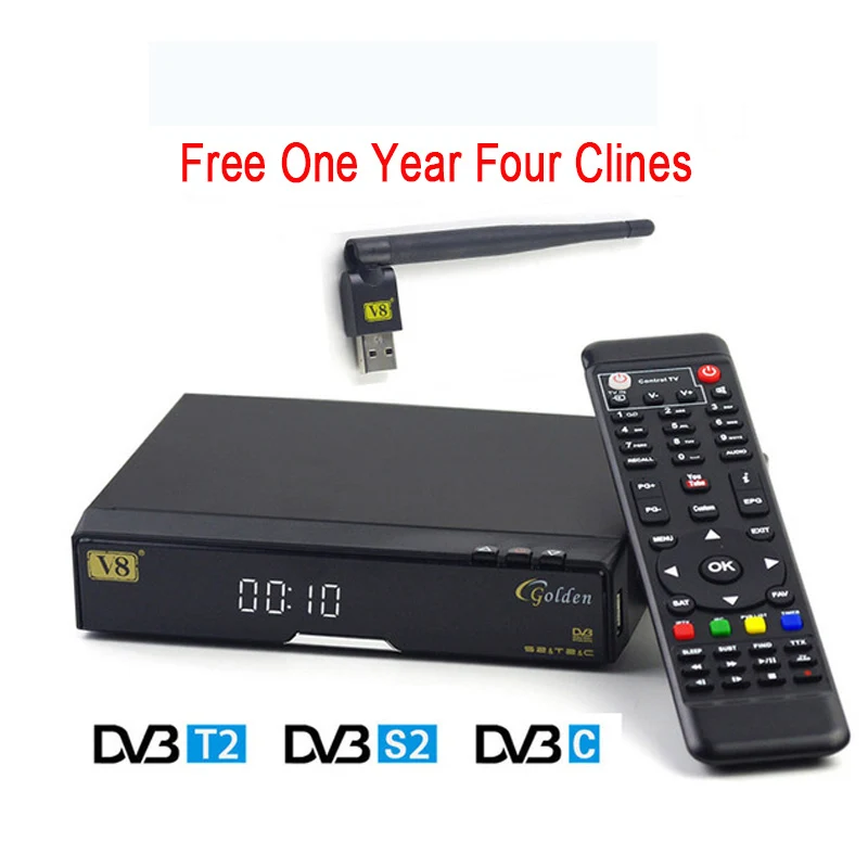 

V8 Golden HD Satellite Receiver with 1 year Europe Clines USB Wifi DVB-T2+S2/C receptor Satellite support Powervu Patch Youtube