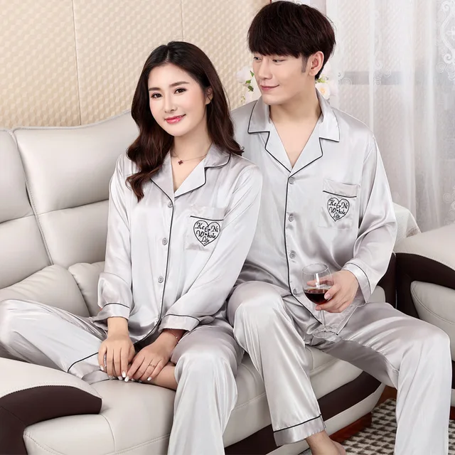 Plus Size 3XL Lovers Pajamas Set Spring New Home Clothes Long Sleeve Satin Nightwear Suit Casual Shirt&Pants 2PCS Sleepwear