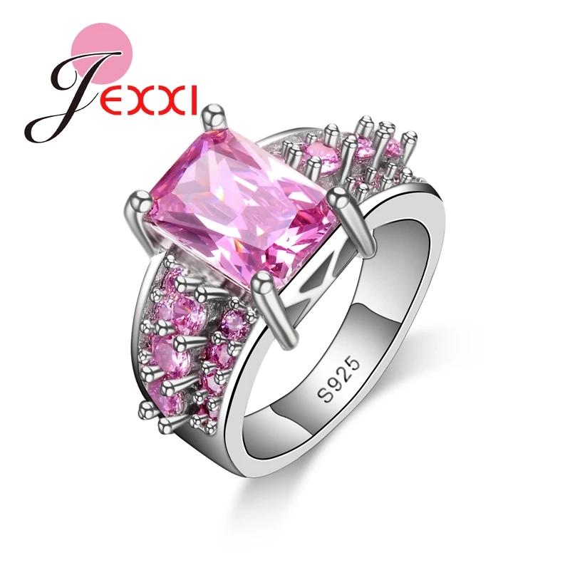 JEXXI Amazing Remarable Elegant Pink Bling AAA+ Austrian Rhinestone 925 Sterling Silver Rings Fine Jewelry For Fashion Women
