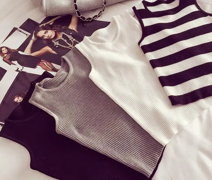 

Women's Short Sweater Vest Summer Sleeveless Striped Computer Knitted Thin Stretch Sweater Fashion Basic Short Vest