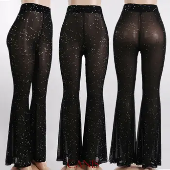 

2019 Women See Through Beach Mesh Sheer Wide Leg Pants High Waist Bikini Cover Up Women Thin Summer Flare Pants Lady Beach Wear