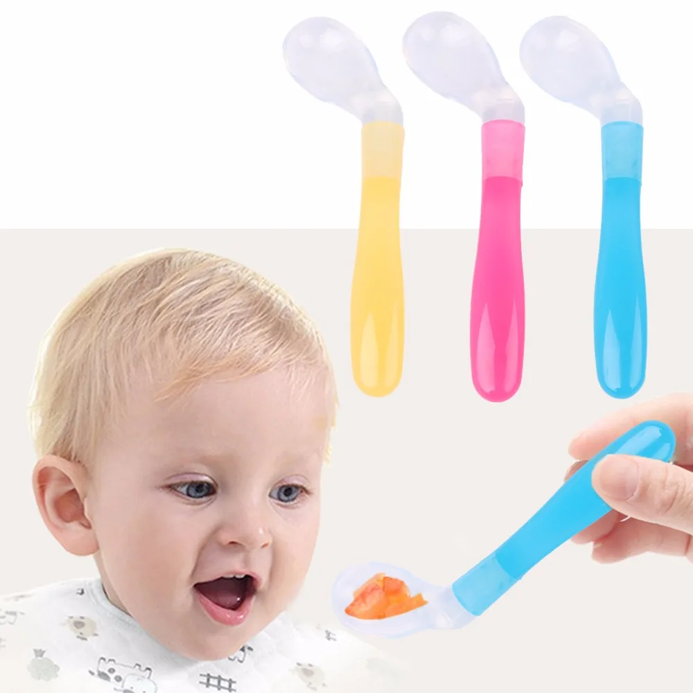 Baby Spoon Silicone Safety Bend Curve Feeding Infant Supplies Tableware
