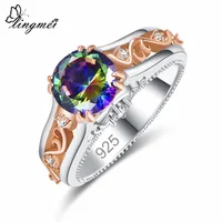 Lingmei Wholesale Fashion Engagement Round Cut Multicolor & White Cubic Zircon Silver & Gold Color Women Wedding Ring Size 6789