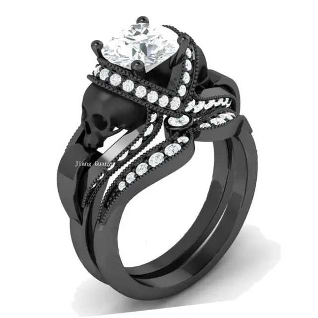 Skull Ring Sets Gold Filled Rhodium Plated Demon 1ct 6mm Zircon Skull Ring Sets Gold Filled Rhodium Plated Demon 1ct 6mm Zircon Women S Wedding Punk Jewelry