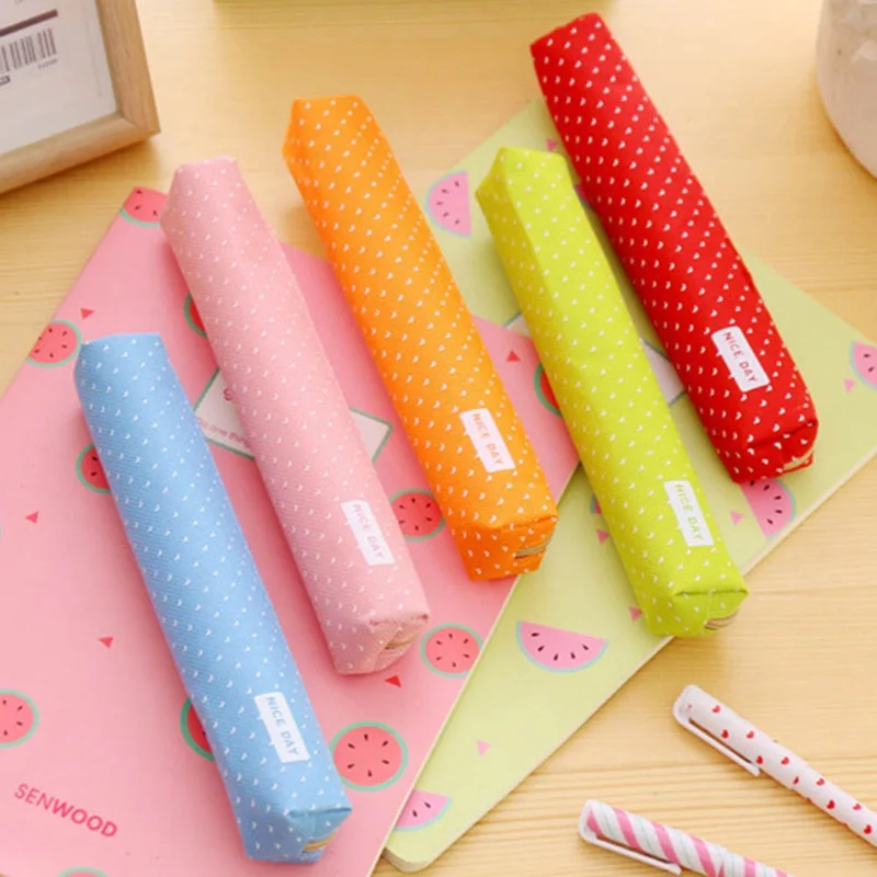 

1 Pcs Cute Candy Color Pencil Case Kawaii Dot Canvas Pen Bag Stationery Pouch For Girls Gift Office School Supplies