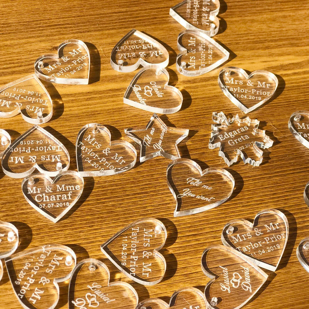 50 pcs Personalized Engraved  Circle Heart Crown Star Wedding Table Centerpieces Decoration Favors Candy Box Tags Baby Baptism4