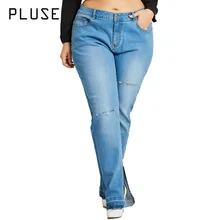 Pluzee новые женские повседневные винтажные джинсы больших размеров с дырками, прямые брюки, синие джинсы на молнии, calca feminina XXXL