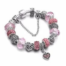 Ярко-розовый цветок сердца Кристалл Шарм Подвеска Браслеты и браслеты старинное серебро Эйфелева башня корона DIY бусы браслет подарок