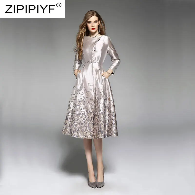Национальный стиль, роскошные женские платья, цветочный жаккард, длинный рукав, круглый вырез, бальное платье, винтажное платье, однобортное, шикарное платье Z347 - Цвет: Silver