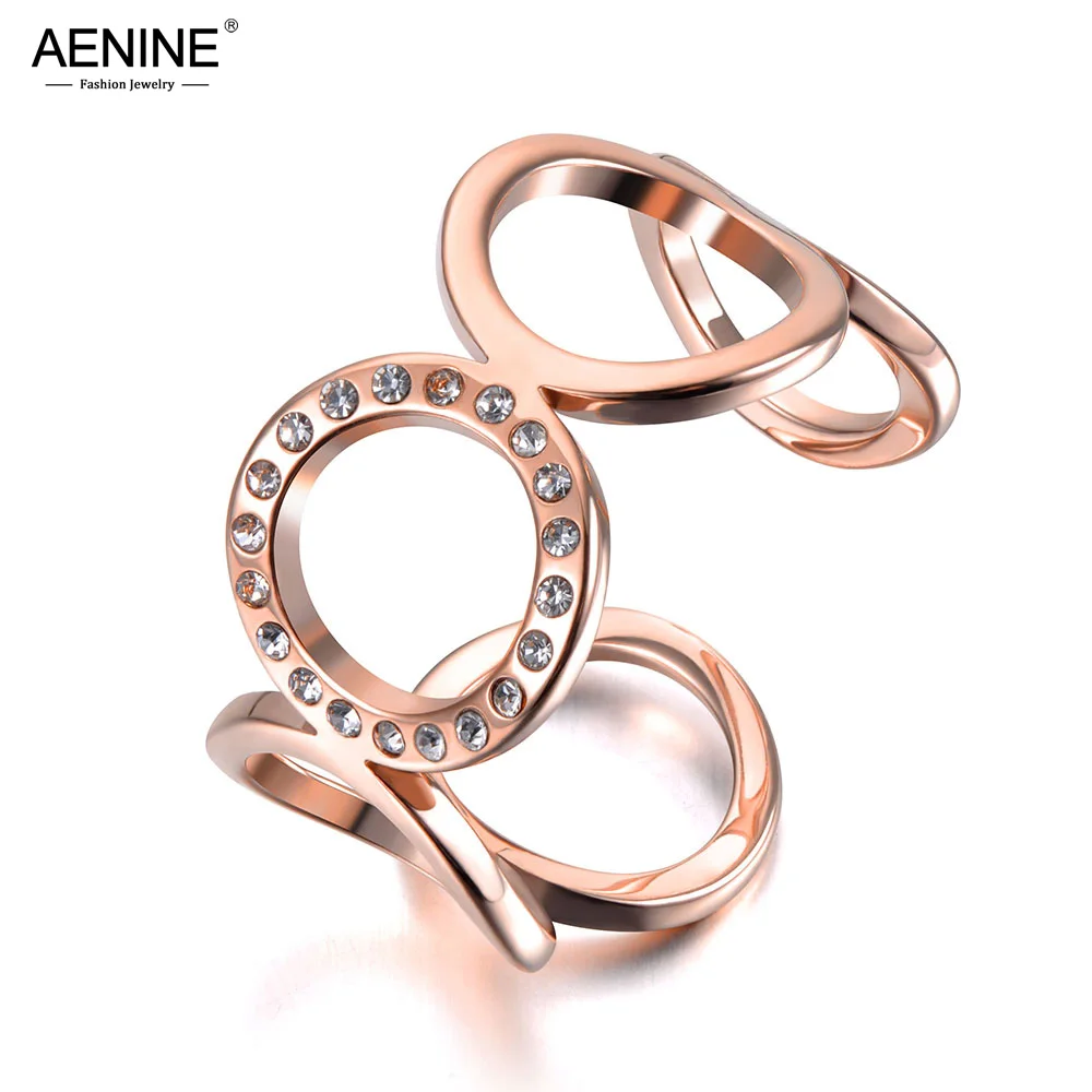 

AENINE Titanium Stainless Steel O-shape Geometric Open Ring Rose Gold Micro Pave CZ Crystal Anniversary Rings For Women AR19028