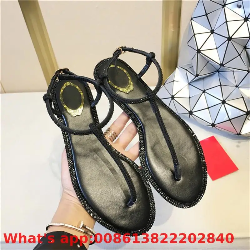 Cheap Luxury Crystal Women Shoes Sandals Summer Flip Flops Flats Fashion Cross Strap Flat Sandals Gladiator Shoes 2