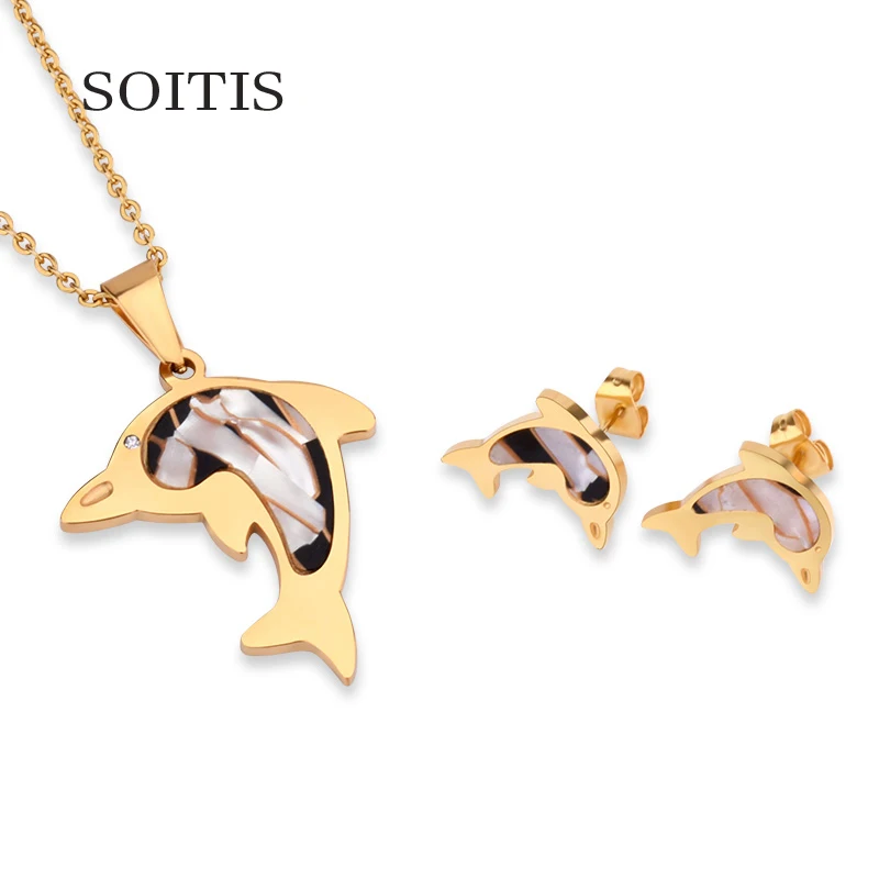 

SOITIS Women Elegant Fashion Style Dolphin Earrings Necklace Jewelry Sets Girls Cute Dolphin Pendant Gold Color Chain