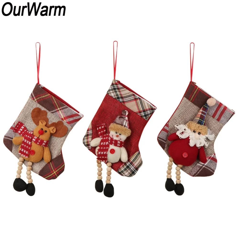 

OurWarm 3Pcs Christmas Chimney Stocking Bags Snowman Santa Claus Elk Socks Xmas Tree Candy Gift Bags Ornaments New Year 2019