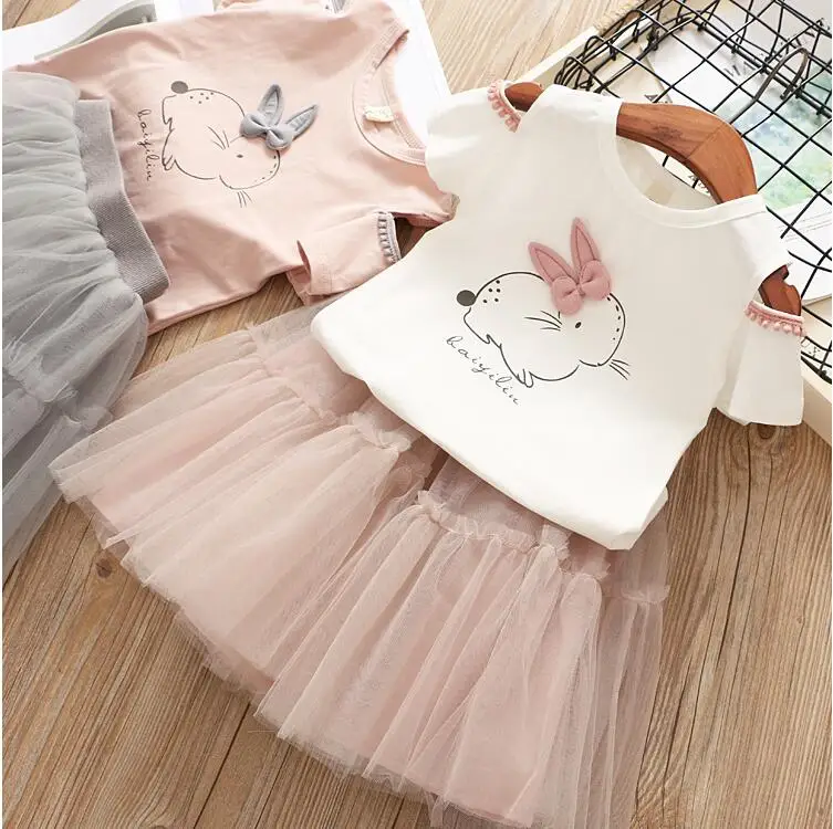 

Retail!2-7 Yrs,2019 new baby girls summer fashion cartoon bunny 100% short sleeve t-shirt+dress 2pcs sets,girls clothes suit