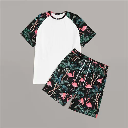 ROMWE мужские тропические принты футболки с рукавом реглан с шортами мужские летние футболки и шорты на шнурке мужские две части Co-ords - Цвет: Многоцветный