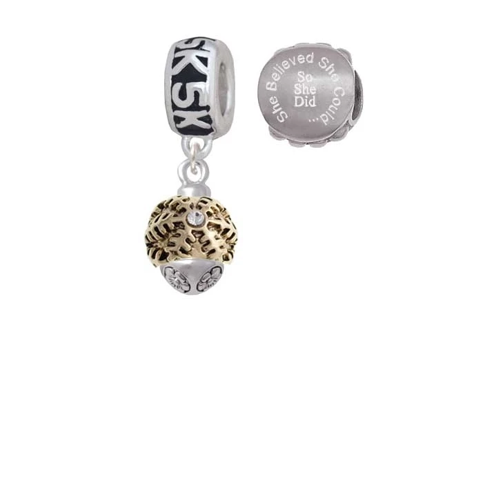 Goldtone Snowflake with Crystal Spinner 5K Run She Believed She Could Charm Beads (Set of 2)