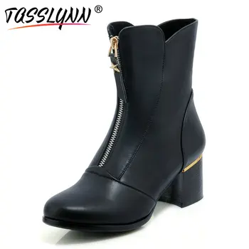 

TASSLYNN 2019 Women Winter Boots Round Toe Mid-calf Boots Women Shoes Square High Heels Zipper Concise Women Boots Size 34-43