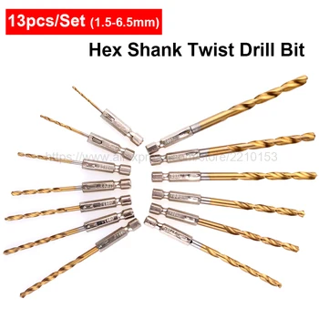 

13pcs Twist Drill Bit Set HSS Steel Titanium Coated 1/4 Hex Shank 1.5-6.5mm Power Tools Accessories